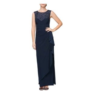 NWT Alex Evenings Lace Embroidered Navy Gown